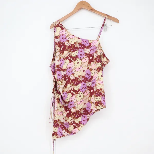 Open Edit Top Womens L Asymmetrical One Shoulder Floral Purple Side Cinch - Image 5