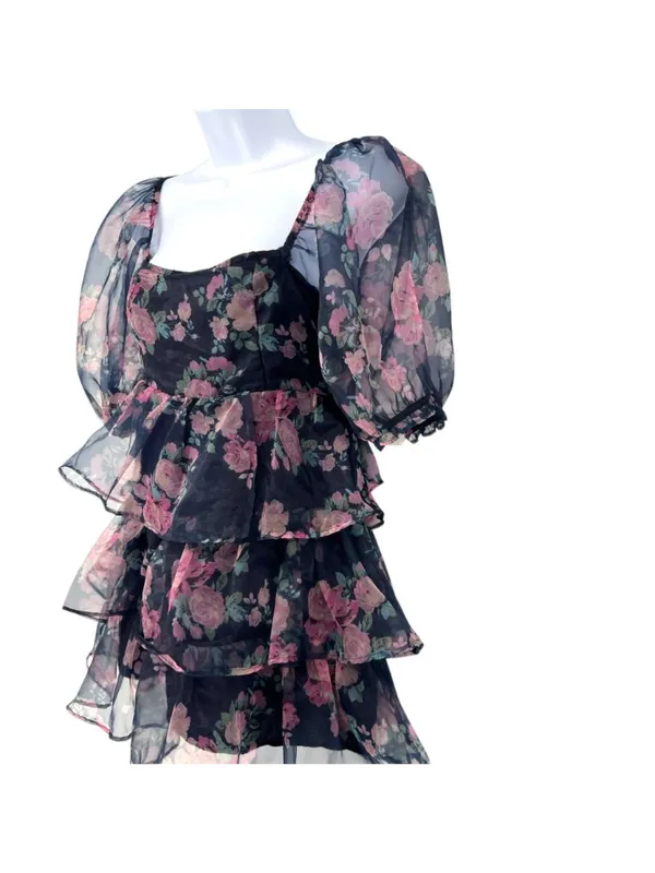 Altar'd State Coquette Babydoll Puff Sleeve Floral Mini Dress Size Medium - Image 4