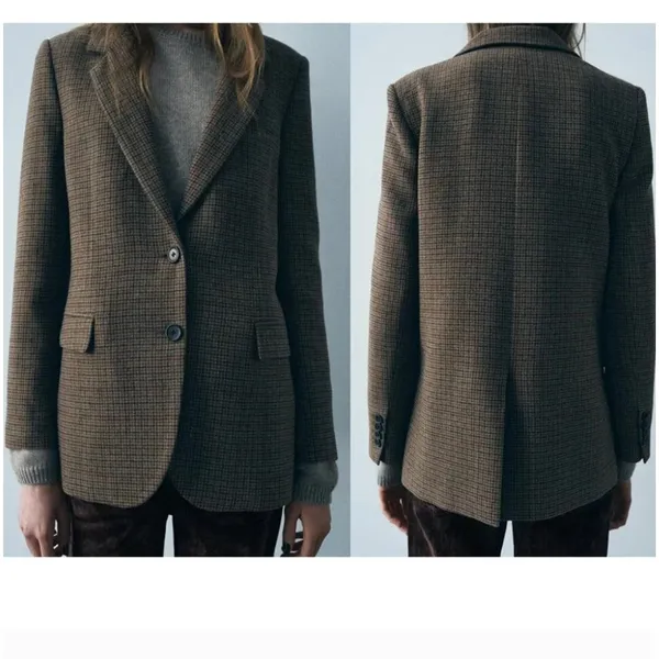 Zara Brown Wool Blend Checkered Heritage Academic Blazer NWT Size XS - Image 6