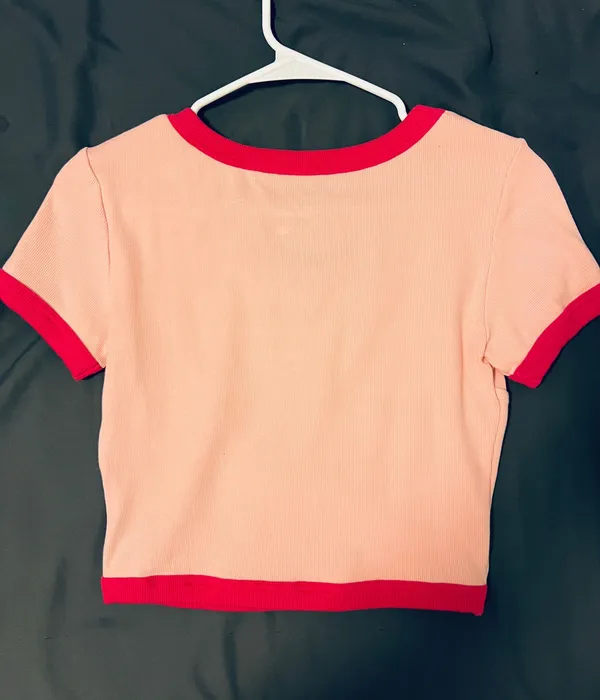 Pink Ribbed Crop Top with hot pink Trim - Image 2
