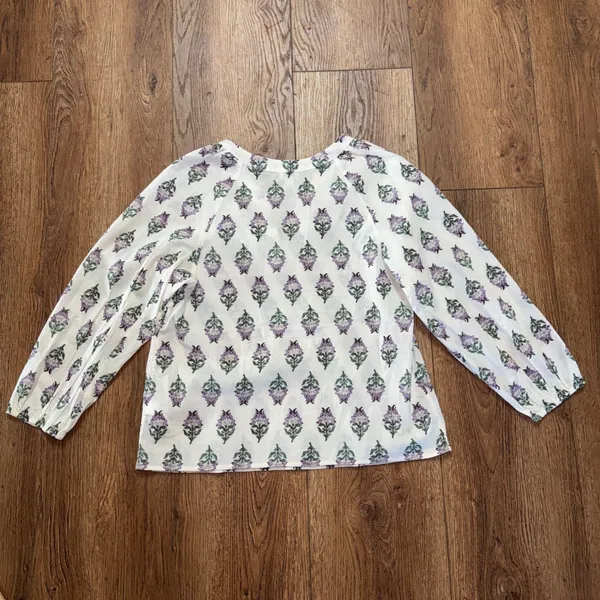 J Crew Floral 100% Cotton Split Neck Blouse Purple White Womens Size M Fall boho - Image 9