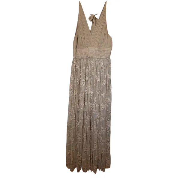 Zara Womens Champagne Floral Lace Maxi Dress Pleated V-Neck Bow Back Formal Gown - Image 4