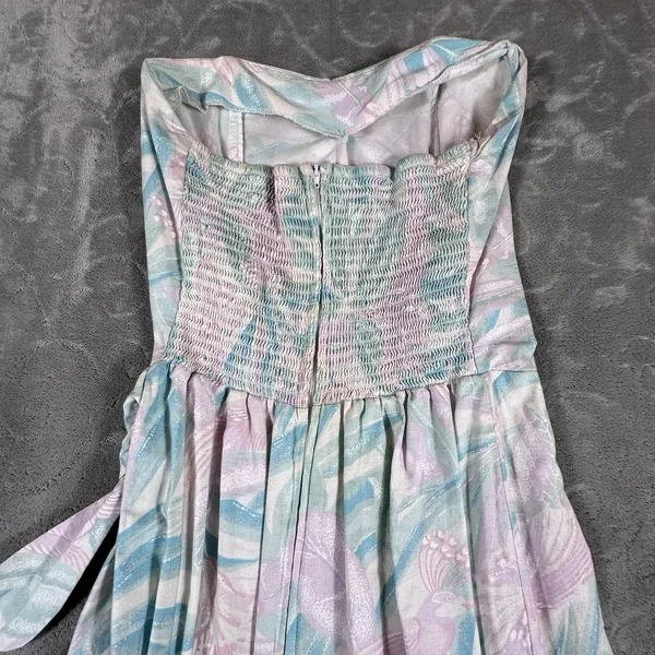 VTG 80s Pastel Strapless Mini Dress 13 Tropical Bird Print Summer Retro Side Tie - Image 9
