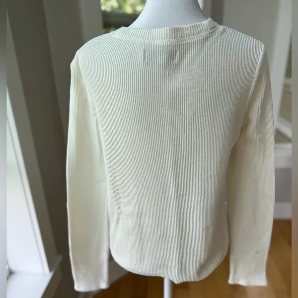 Madewell Texture & Thread Jacquard Ivory Ribbed Tie Front Long Sleeve Top Small - Image 4