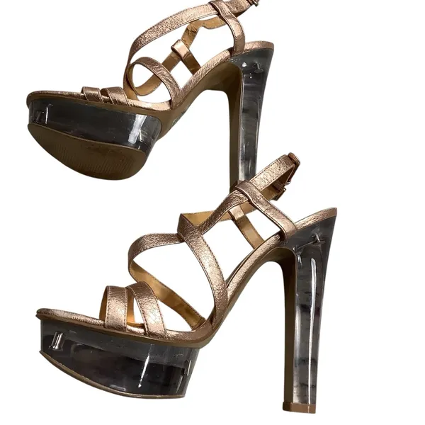 Nine West Metallic Platform Crystal Clear Heels. Copper Strapping WORN ONCE. - Image 4