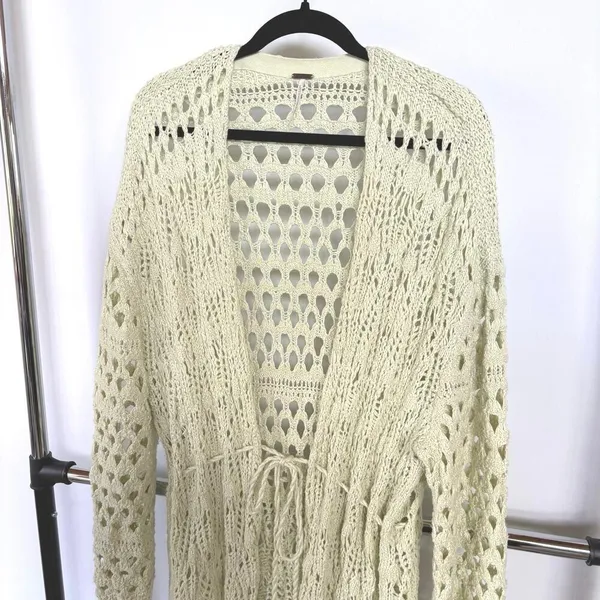 Free People Green Open Knit Long Beach Boho Resortwear Vacation Cardigan Large - Image 3