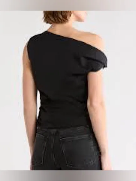Good American One-Shoulder Poplin Top in Black. Size Large - Image 2