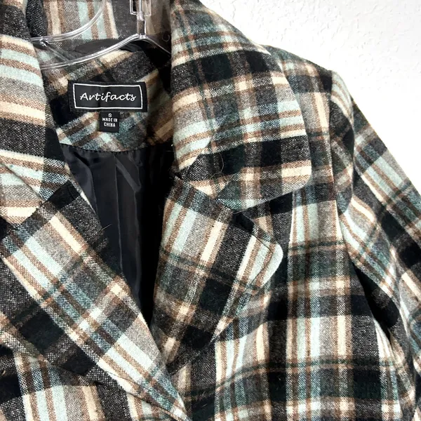 Artifacts Plaid Short Peacoat Womens Size Small Teal Brown Cream Black Y2K - Image 3