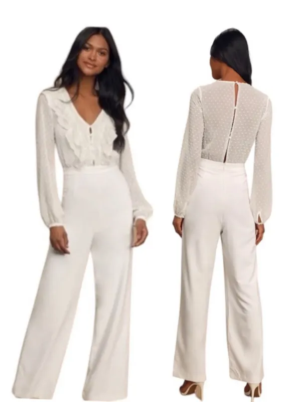 Lulu’S Clareese One Piece Jumpsuit Lace Ivory Long Sleeve Bridal Xs - Image 2