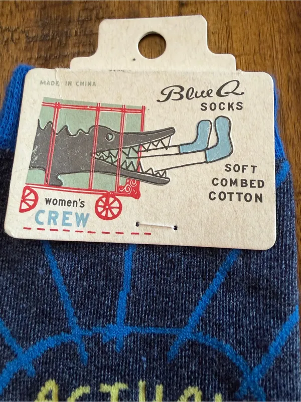 Blue Q Navy Crew Socks with Yellow 'Actual Super Hero' Text - Image 4