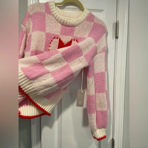 NWT Luna Ivy Size S Pink Cream Check Heart Chunky Knit Long Sleeve Crew Sweater - Image 6