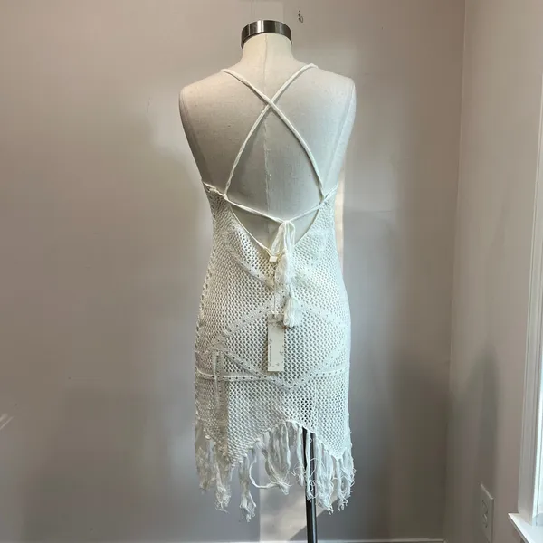 Endless Blu White Crochet Fringe Cover Up Boho Festival Beach‎ Dress Size M - Image 4