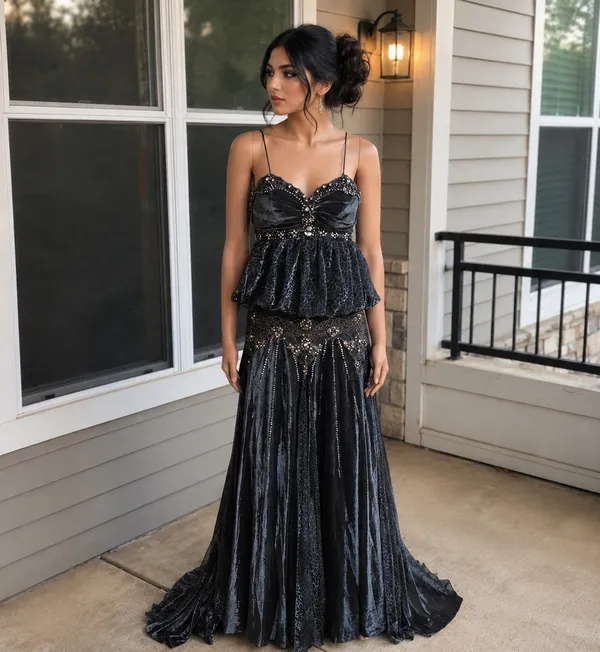 Elegant Black Beaded Peplum Evening Gown - Image 2
