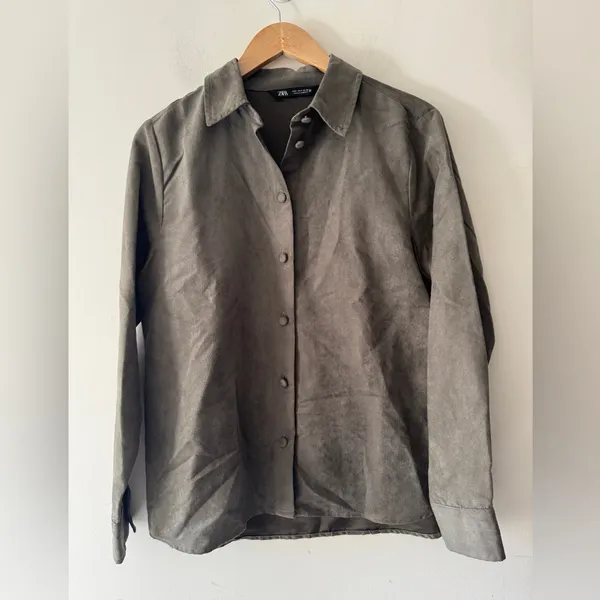 Zara Green Faux Suede Button‎ Down Shirt Shacket - Image 2
