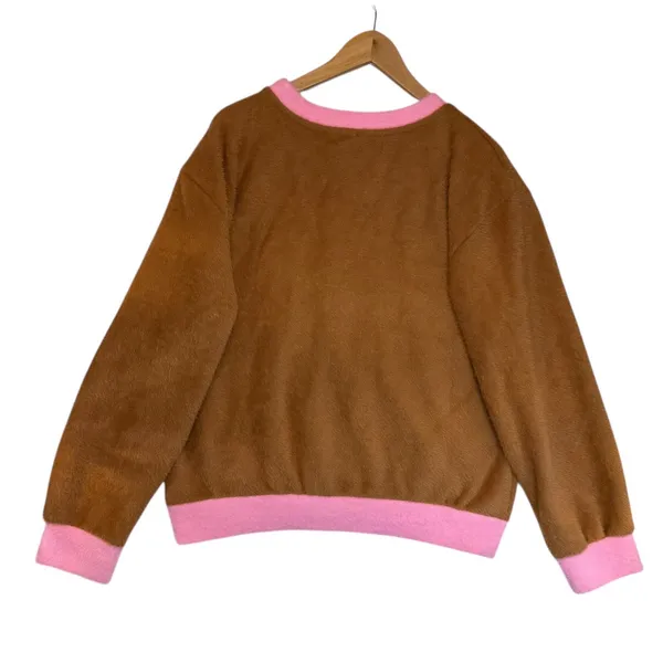 Anthropologie Maeve Cozy Ringer Fuzzy‎ Sweatshirt Honey Brown and Pink NWT - Image 3