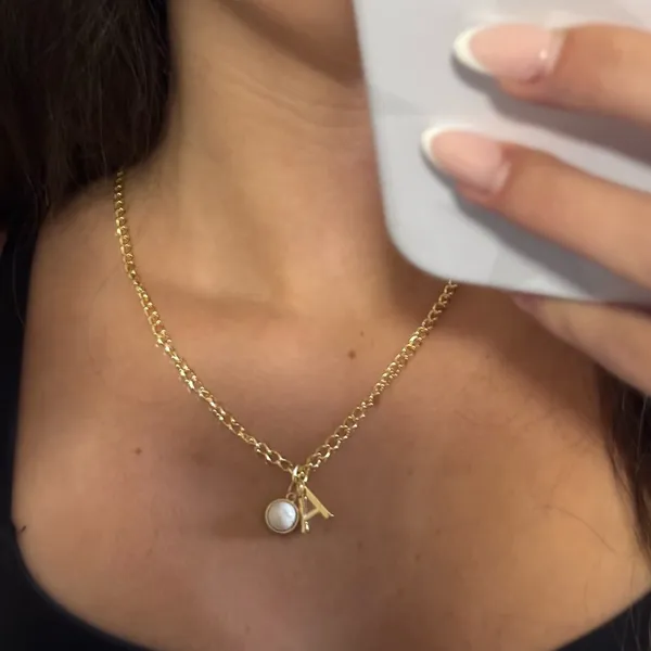 Gold A Initial Necklace with White Stone Charm - Image 2