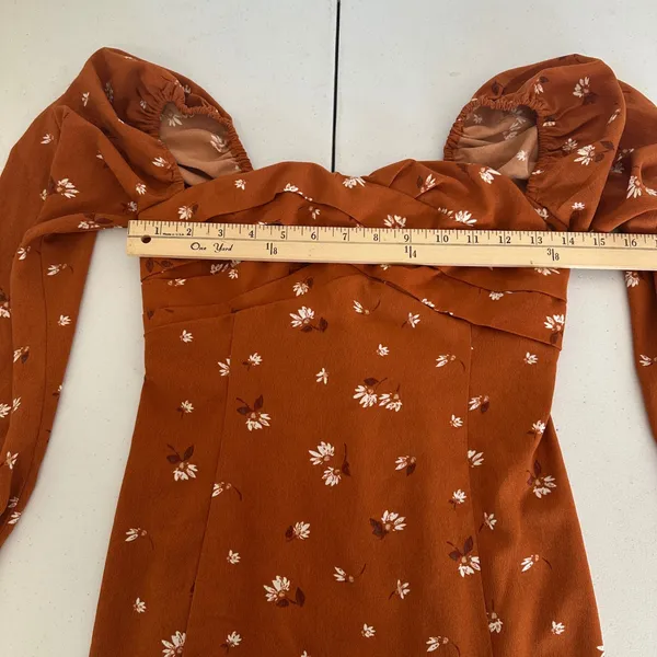 Abercrombie Fitch Rust Brown Floral‎ Sweetheart Neck Puff Sleeve MiniDress Small - Image 12