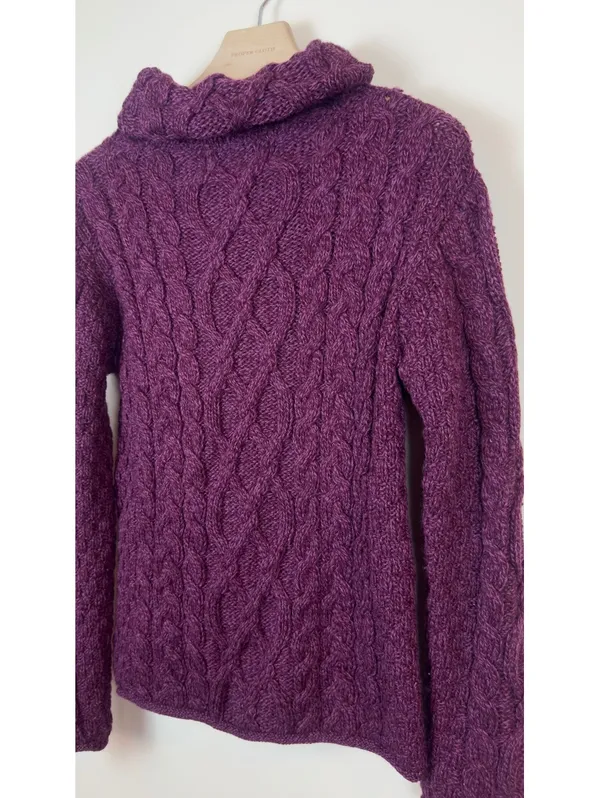 Aran Sweater Market 100% Merino Wool Cable Knit Cowl Neck Purple Sweater M - Image 6
