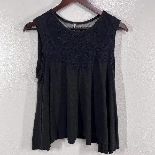 Free People‎ Meant To Be Swing Tank Top XS Charcoal Lace Mesh Yoke Sleeveless - Image 2