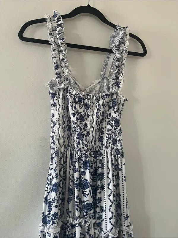 Blue White Floral Smocked Maxi Dress 1X Cottagecore Euro Summer Coastal Vacation - Image 8