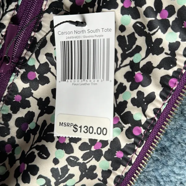 Vera Bradley large tote Quilted Gloxinia purple nwt large fits everything books - Image 3