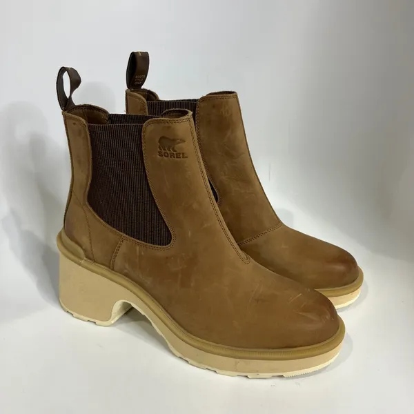 Sorel Hi-line‎ heel waterproof Chelsea boots tan leather women's size 10 trendy - Image 4