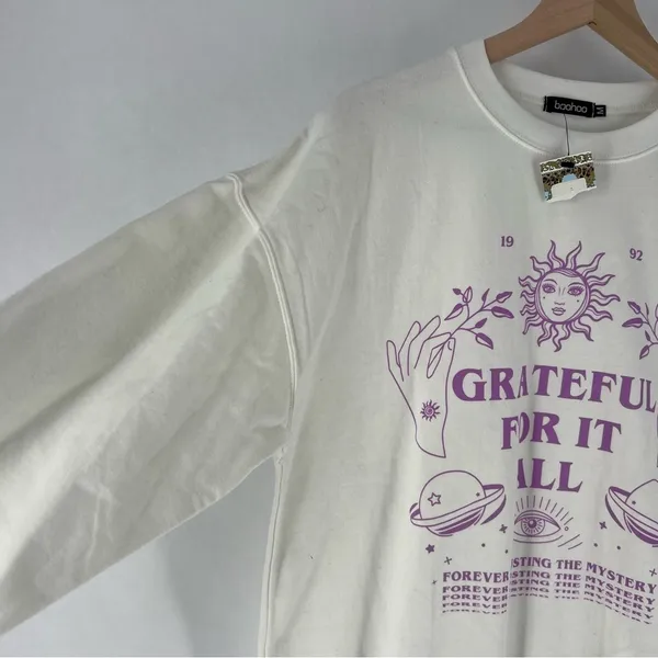 Boohoo White Grateful Sun‎ Sweatshirt Graphic 1992 Zodiac Crewneck M - Image 6