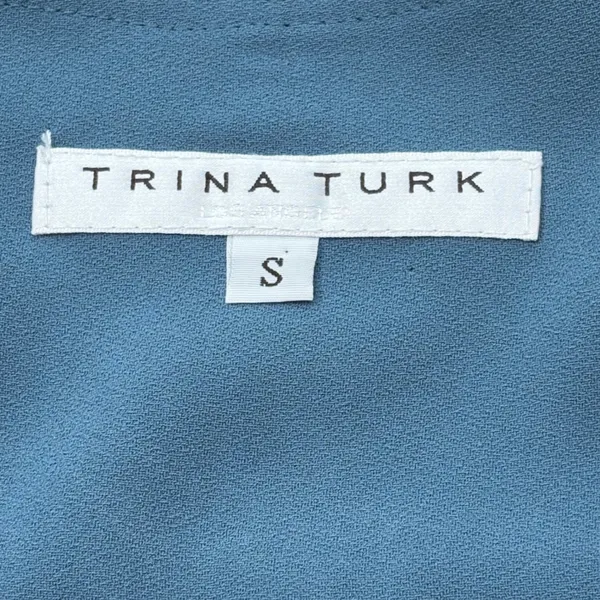 Trina Turk Blouse Women SM Teal Blue Split Neck Gold Button‎ Cuff Crepe Tunic - Image 7