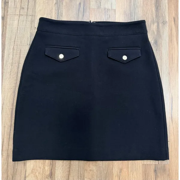 LOFT Black Pencil Skirt Size 4 Petite Gold Button Back Flap Detail - Image 2