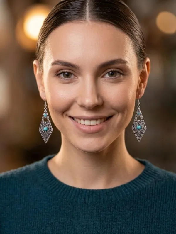 Carved Geometric Shape With Turquoise Decor Dangle Earrings Retro Bohemian Style - Image 4