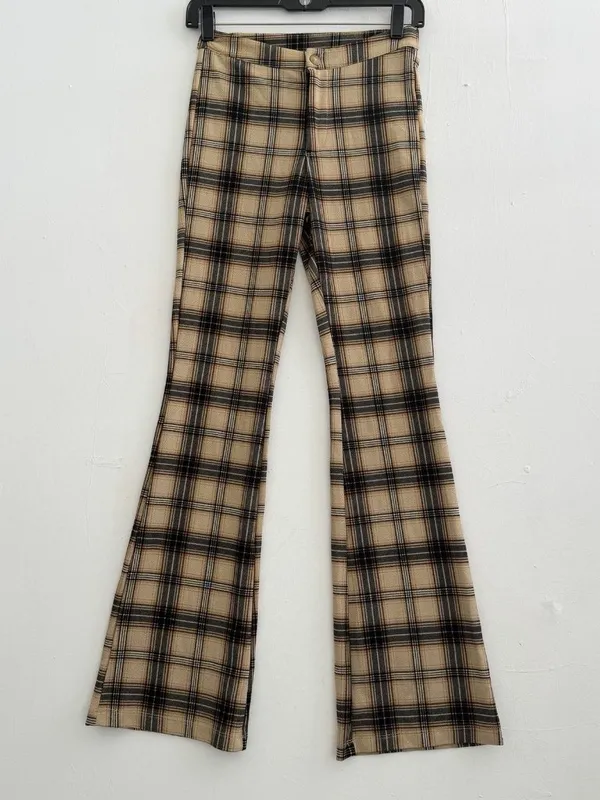 NEW Forever 21 Women’s XSMALL Brown Plaid Casual Wide Flare Pants - Image 3