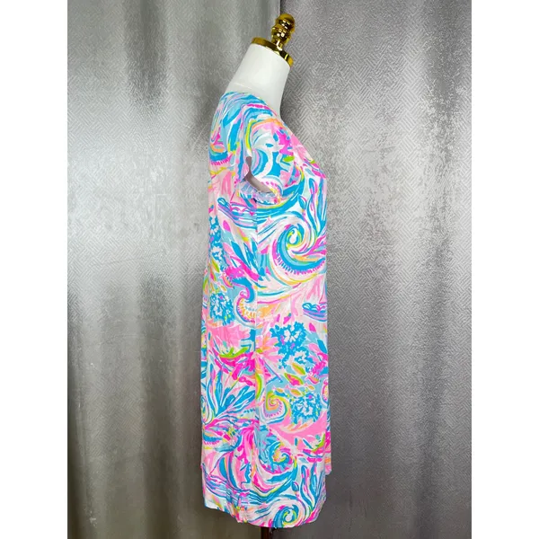 Lilly Pulitzer Pink Blue Floral Shift Dress Short Sleeve Knit Boat Neck Size M - Image 4