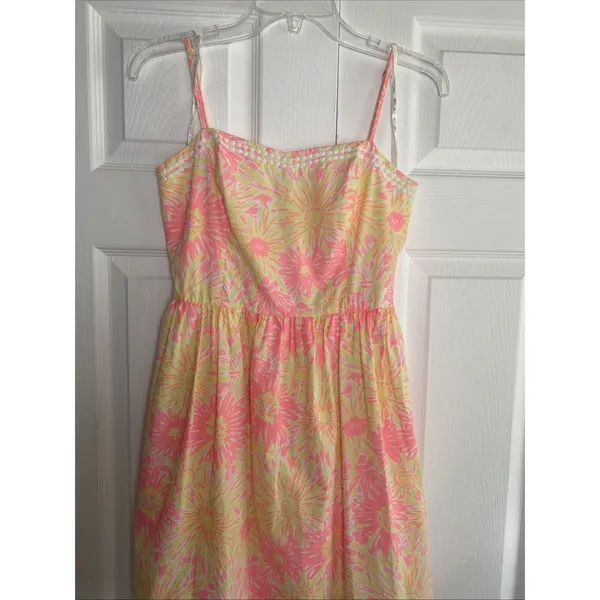 Lilly Pulitzer Fit Flare Dress Womens Size 2 Pink‎ Yellow Floral Sunburst Cotton - Image 2