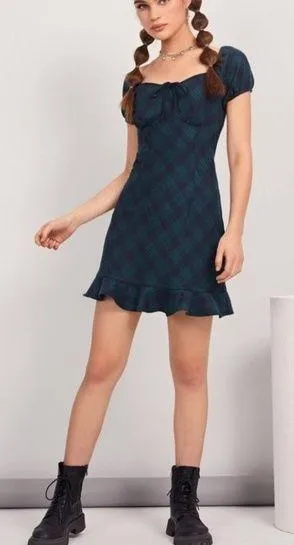 Tie Ruched Bust Ruffle Hem Tartan Dress - Image 2
