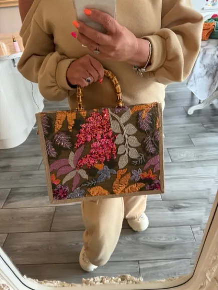 Embroidered Floral Tote Bag with Bamboo Handles - Beige - Image 4
