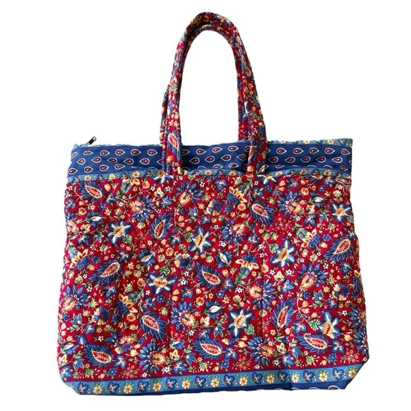 Vintage Handmade Quilted Red Blue Paisley Floral Padded Tote Shoulder Bag - Image 11