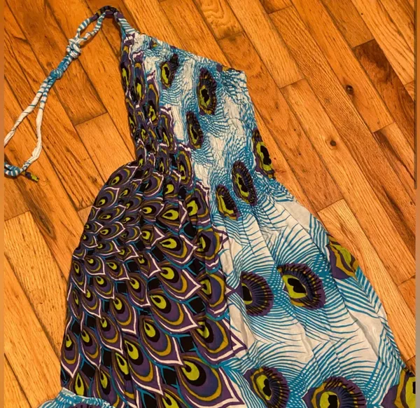 Fab Vibrant Peacock Sleeveless | Strapless Asymmetrical Maxi Dress - Image 2