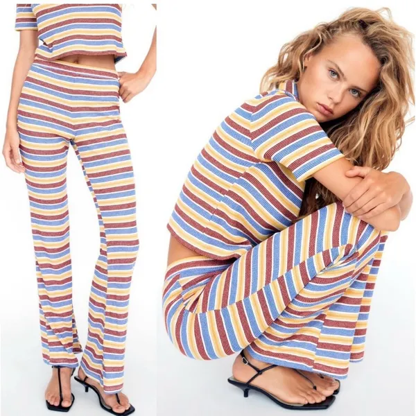 Zara Pants‎ Womens Sz S Knit Striped Colorful Pull On Yellow Red Blue Ribbed - Image 2