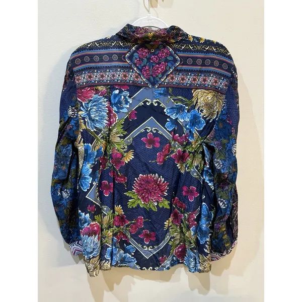 John Mark women's mixed-print button-front tunic‎ Size Large Silky Floral Boho - Image 3