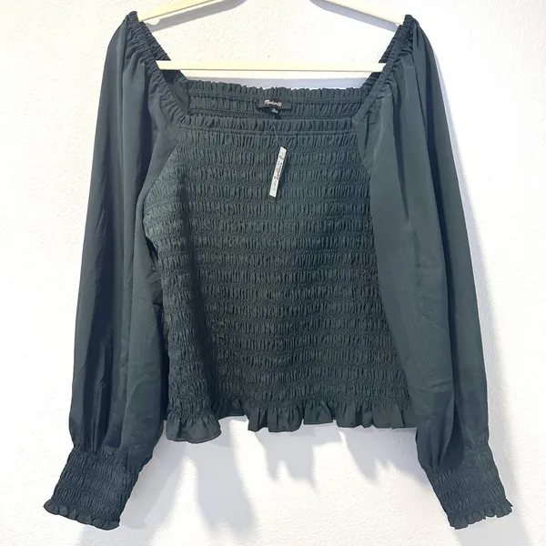 MADEWELL Womens Size-XL Lucie Bubble‎ Sleeve Smocked Top Dark Green $88 - Image 9
