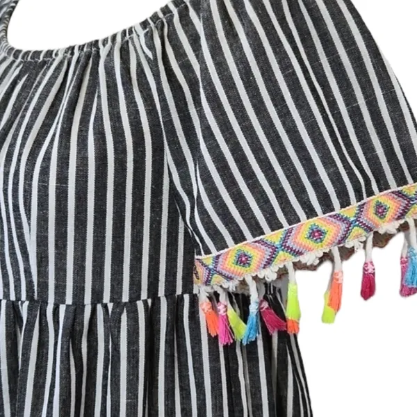 Multicolored Embroidered Top With Vibrant Neon Tassel Tie Pom Poms - Image 2