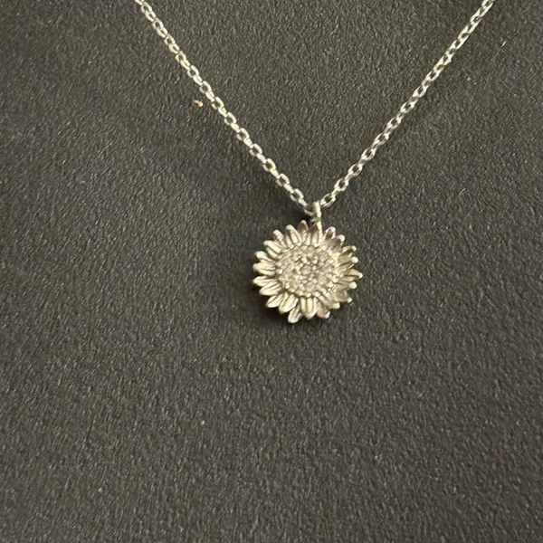 Dainty white gold dipped pave sunflower pendant necklace - Image 2
