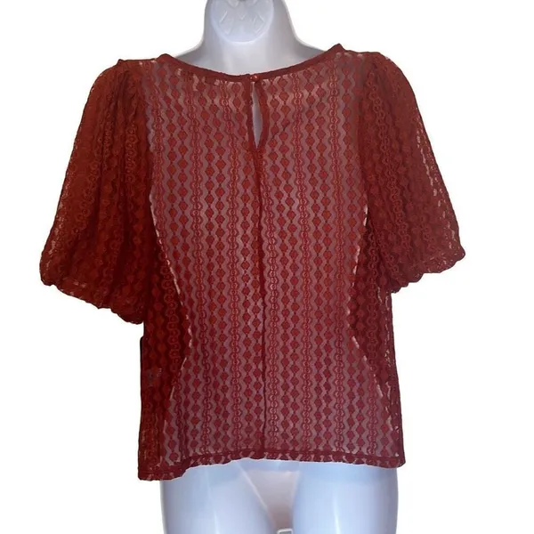 Haute Monde Short Puff‎ Sleeve Geometric Lace Sheer NWT Orange Medium Workwear - Image 2