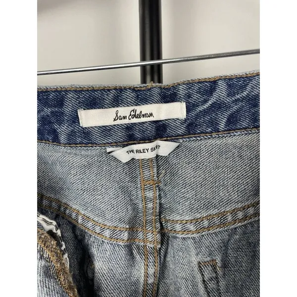 Sam Edelman Medium Blue‎ Wash The Riley Asymmetrical Raw Hem Denim Jean Skirt 29 - Image 6