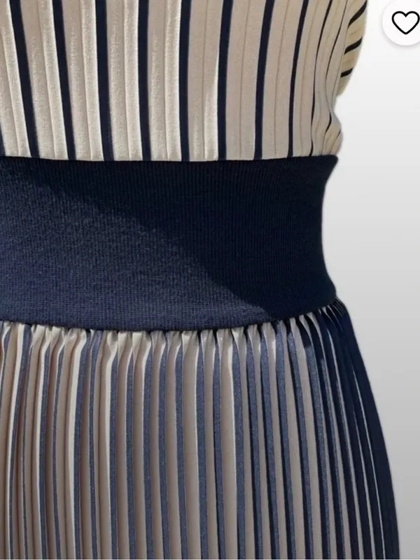 Zara Beige Pleated Halter Midi Dress with Navy Waistband - Image 4