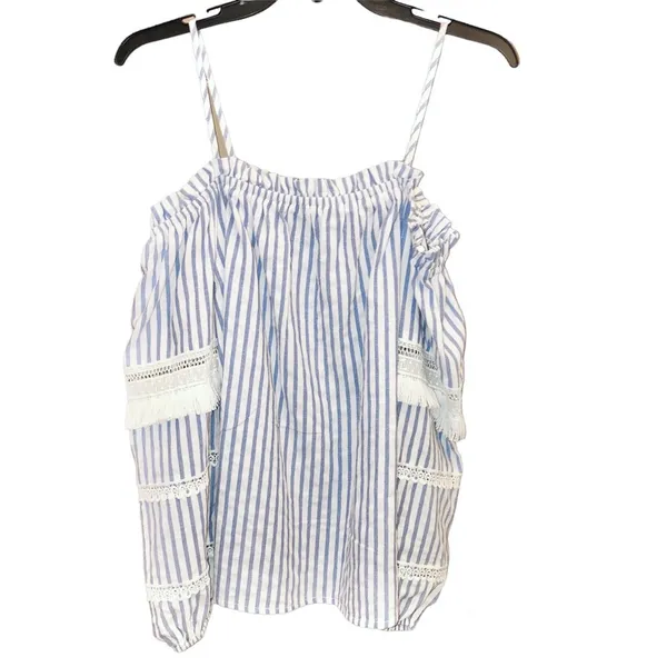 SugarLips Boho Cold Shoulder Tassel Lace Stripe‎ Top Blue White XS - Image 2