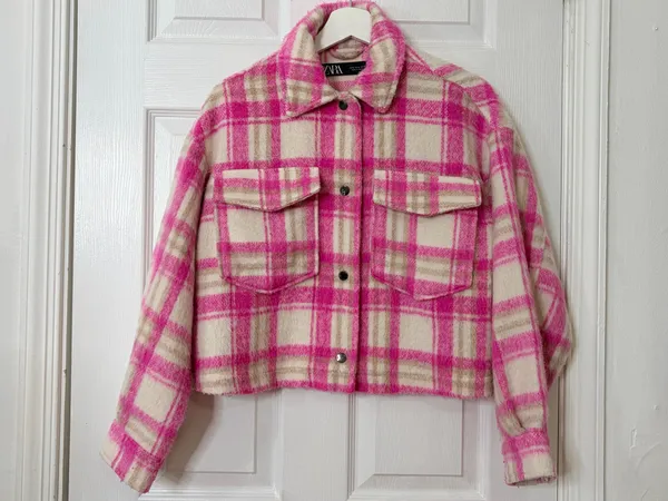 Zara Cropped Plaid Shacket Jacket Pink Cream Fuzzy Cozy Preppy Fall Size S - Image 2