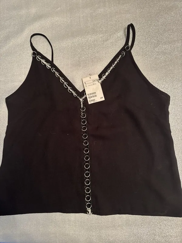 NWT H&M Black Tank Top Going Out US 10 Gothic Silver Circle Vampire Witchy - Image 2
