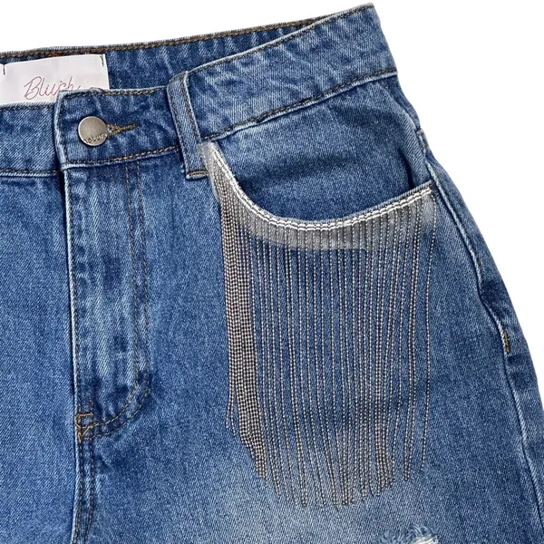 Blush Beaded Fringe Frayed Distressed Denim Shorts‎ High Rise Size Medium/28 - Image 2