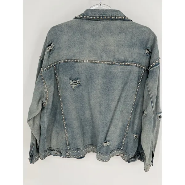 POL Denim Jean Jacket Womens S Blue Studded‎ Distressed Oversized - Image 2